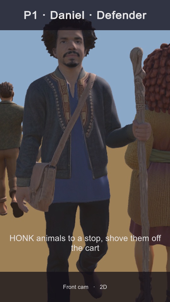 Front cam view of a character with a walking stick.