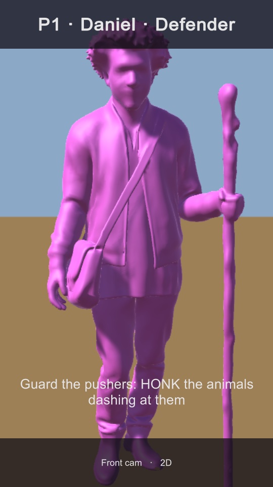 A magenta character, like a 3D-printed figurine, walking with a stick.