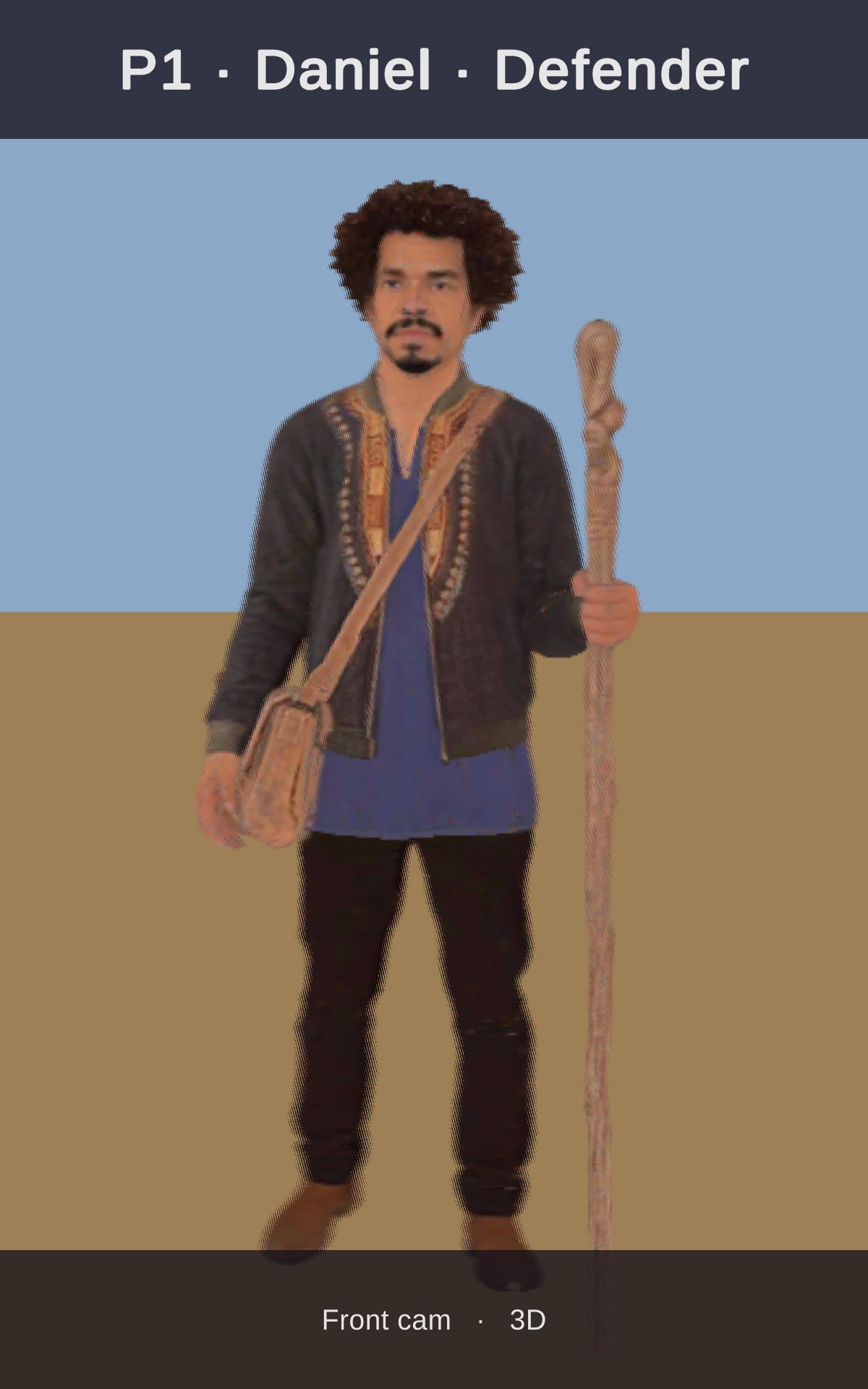 Companion app in 3D mode on the frame showing the Daniel character from the front.