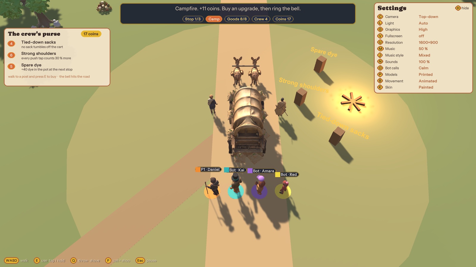 Top-down view of the caravan at a campfire with the crew around it.
