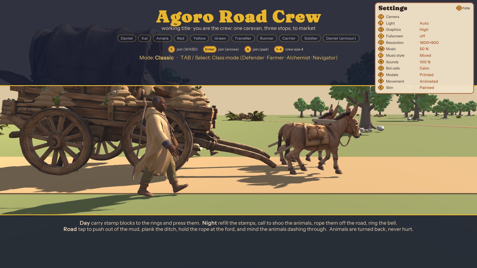 A caravan pulled by two donkeys with the crew walking beside it.