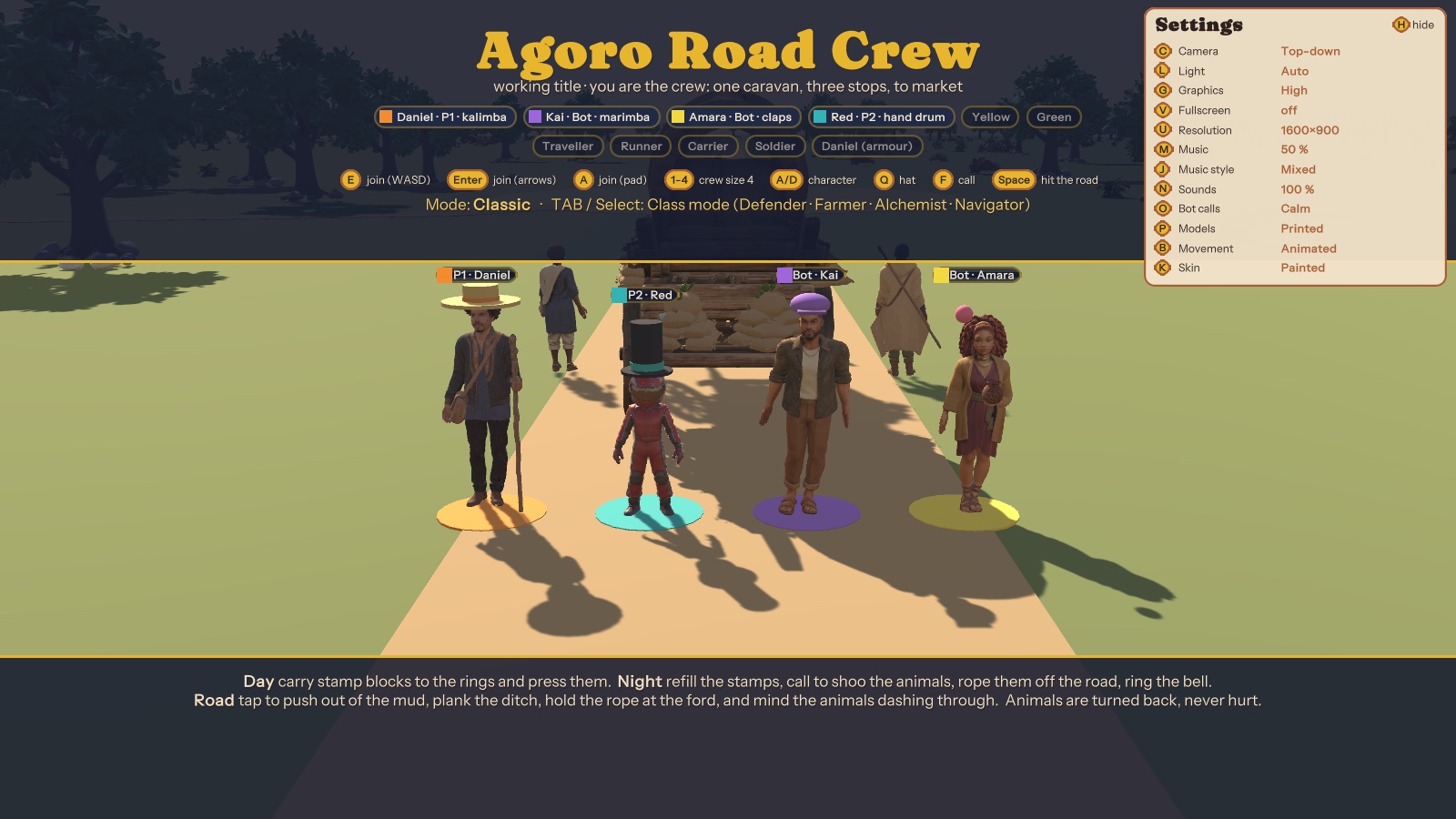 Agoro Road Crew title screen with four characters next to a caravan on a dirt road.