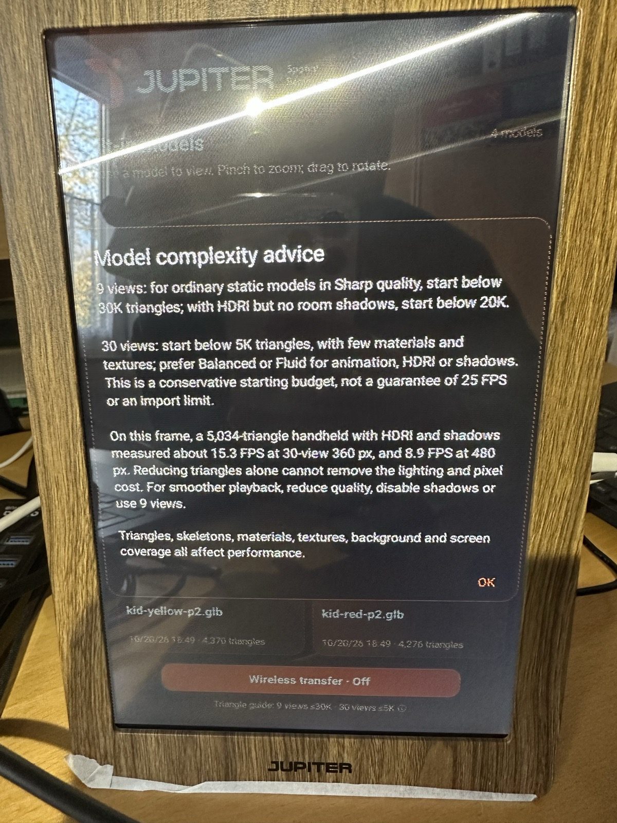 The JUPITER 3D Viewer app showing model complexity advice.
