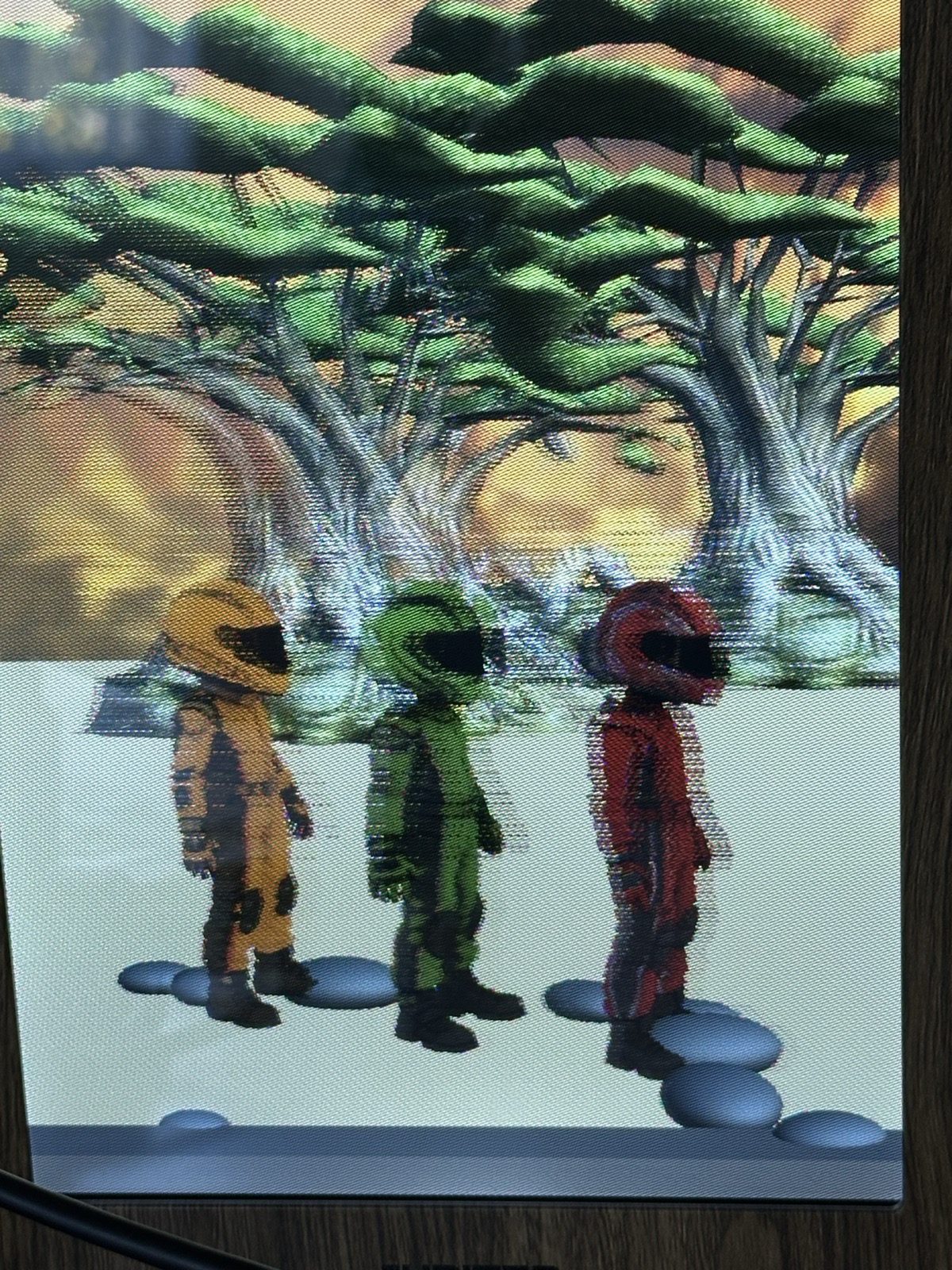Close-up photo of the frame panel: three kids side by side in front of a tree.