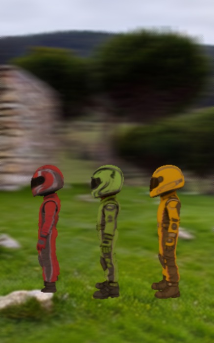 Three racing-suit kids on a grassy slope with a soft background.