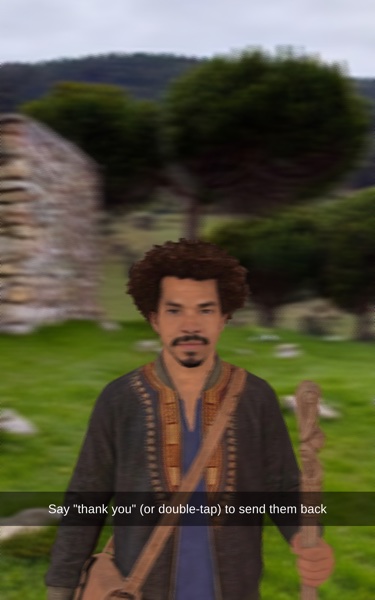 Close-up of a character with a walking stick.