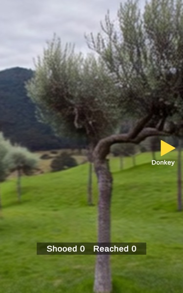 An olive tree on a hillside with a donkey arrow and a score: Shooed 0, Reached 0.