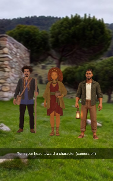 Three characters on a hillside with a hint: turn your head toward a character.