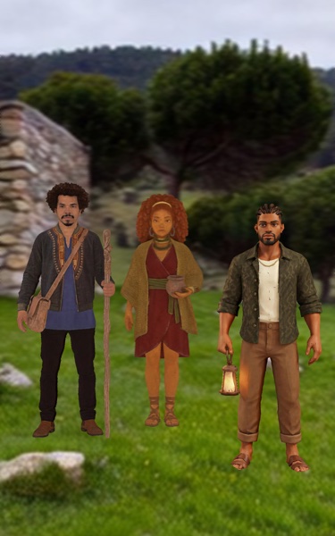 Three characters on a grassy hillside in front of a stone wall.