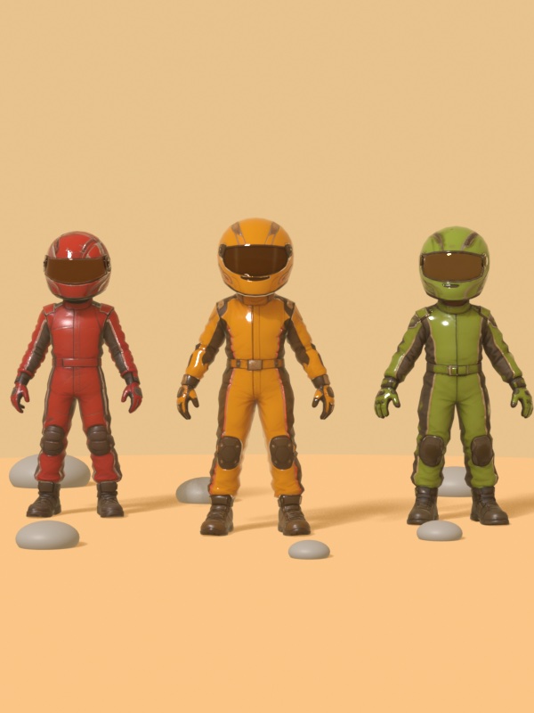 Three racing-suit kids in red, yellow and green on sand, with stones in front of and behind them.